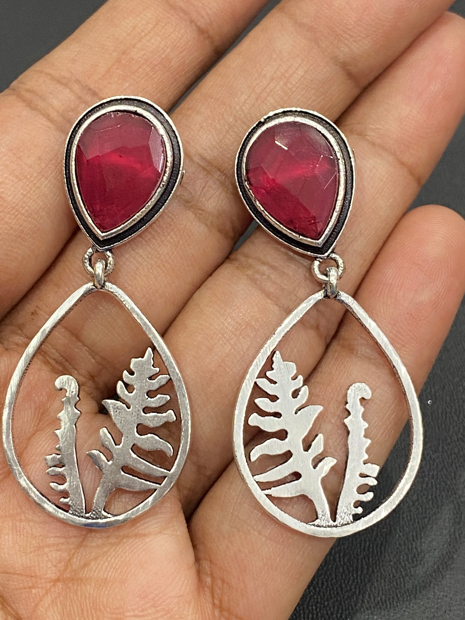 Ruby AD Stone Studded Silver Plated Oxidized Earrings Near Me