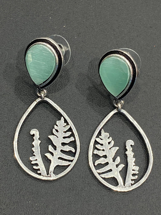 Trendy Teal Green AD Stone Studded Silver Plated Light Weight Round Shaped Oxidized Earrings