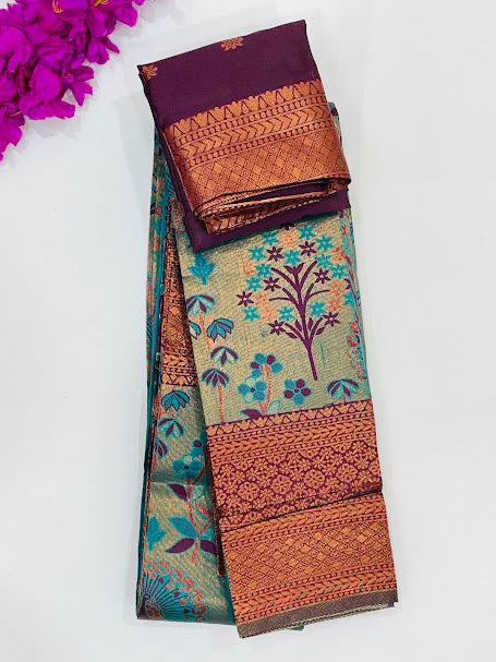 Amazing Green Color Peacock Design Tissue Silk Saree With Contrast Rich Pallu