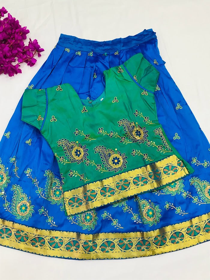 Stunning Teal Green Colored Silk Langa Set With Zari Design For Kids
