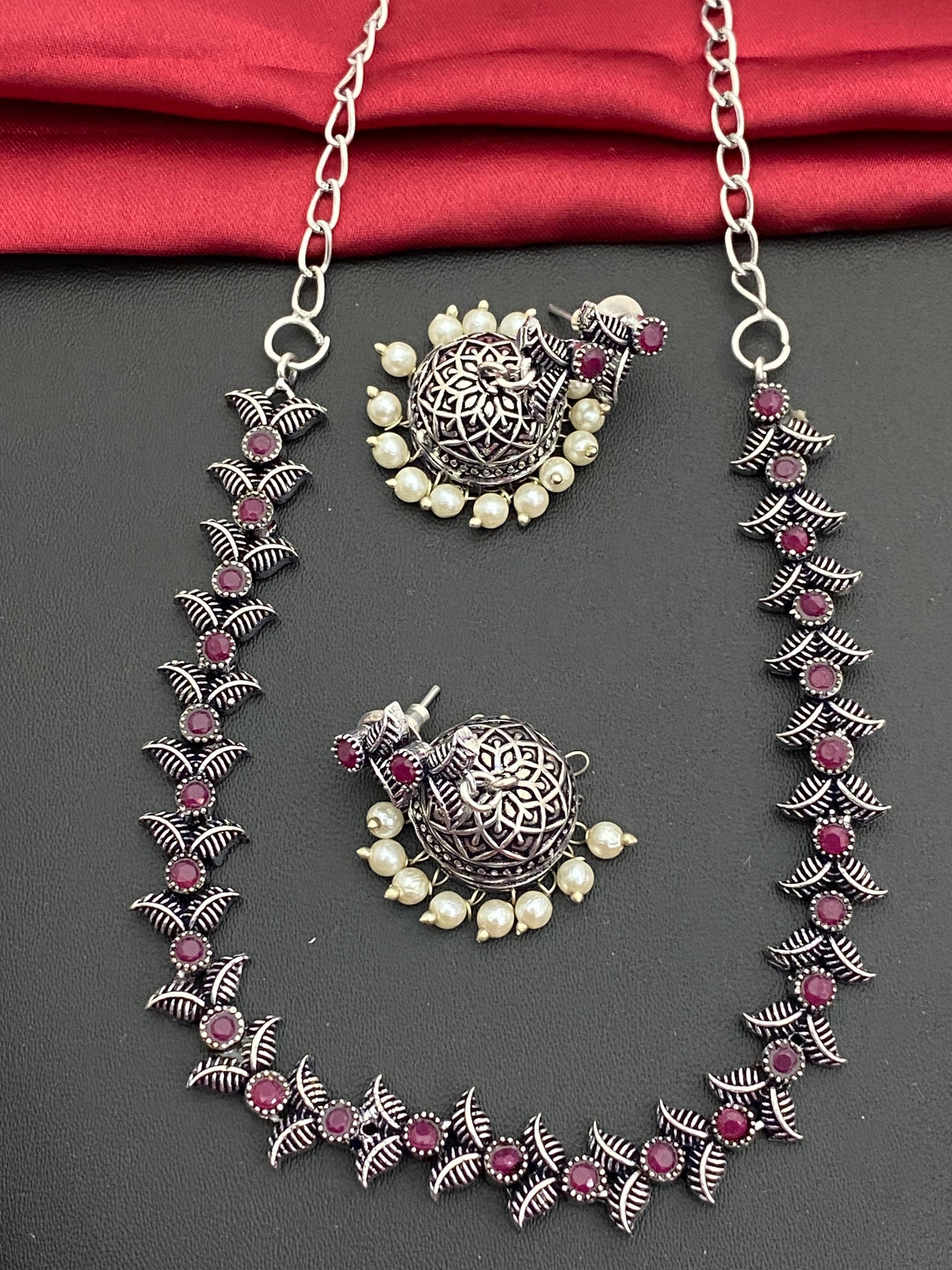 Silver Oxidized Ruby Stone Studded Vintage Design Sleek Necklace Set With Jhumka Earrings Near Me