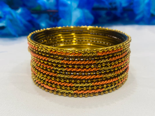Traditional Orange Color Antique Gold Bangle Set For Women