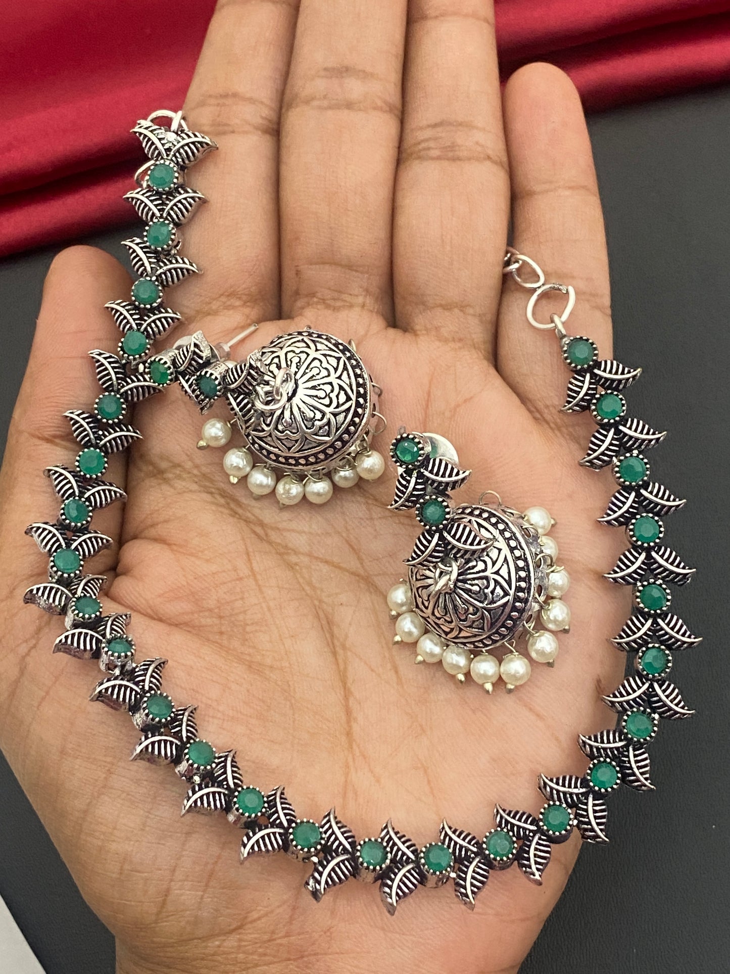 German Silver Plated Oxidized Necklace Set With Earrings in Cottonwood