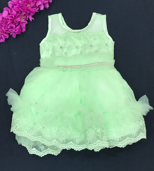 Alluring Light Green Colored Kids Party Wear Net Frock