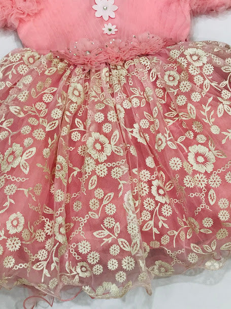 Pink Colored Kids Party Wear Net Frock In Globe