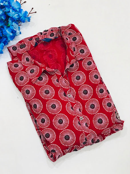 Red Color Rayon Printed Work Kurti Near me