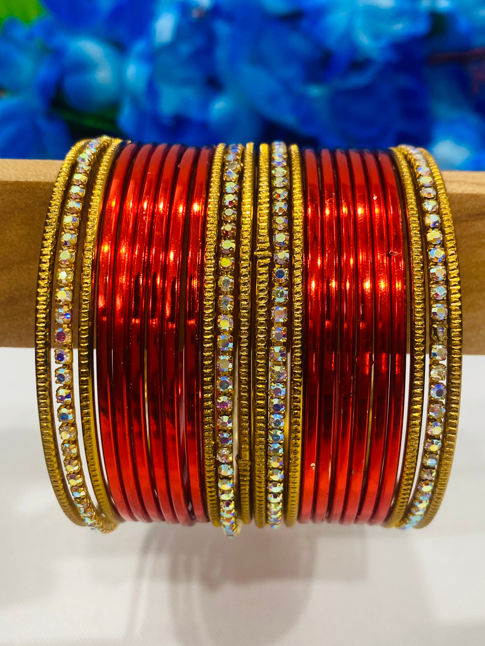 Pretty Red Color Beads Studded Designer Metal Bangles