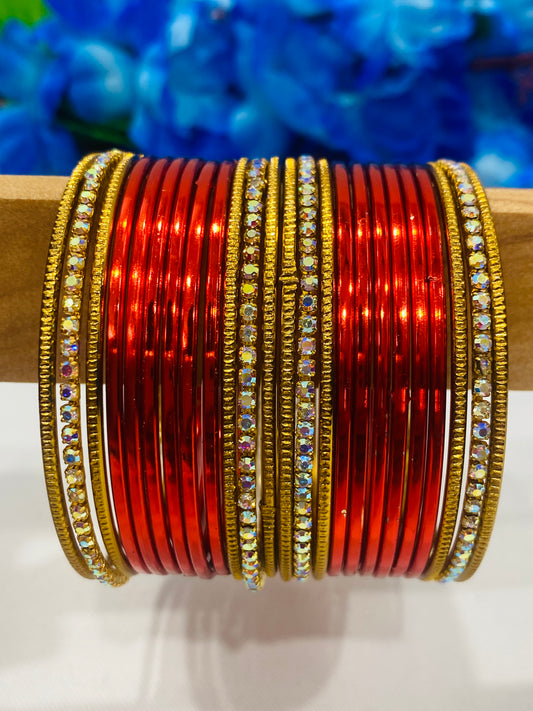 Pretty Red Color Beads Studded Designer Metal Bangles