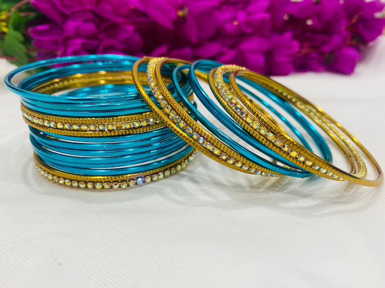 Appealing Sky Blue Color Beads Studded Thin Metal Bangle Sets