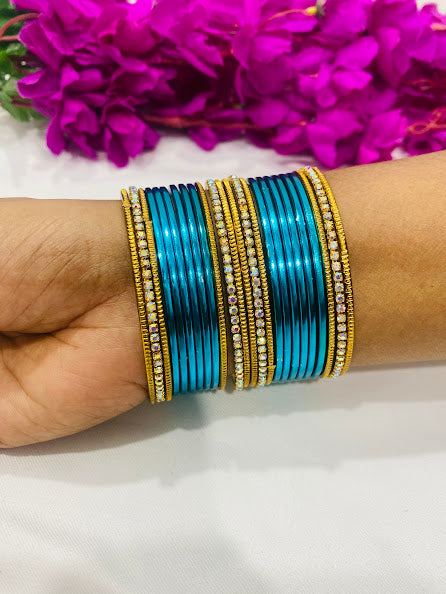 Sky Blue Color Beads Studded Thin Metal Bangle Sets Near Me