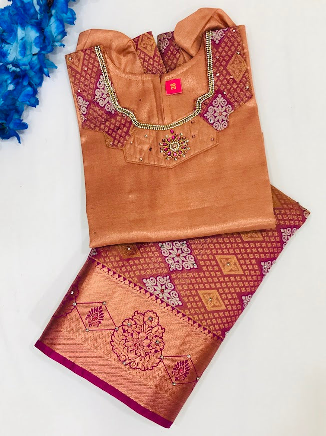 Maroon Color Silk Embroidery And Stone Work Pattu Langa Sets Near Me