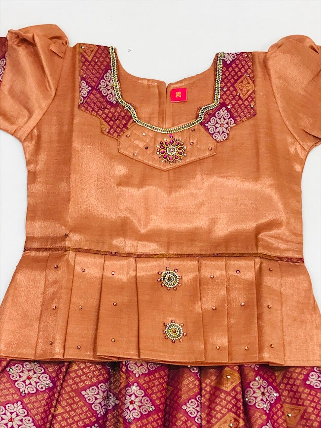 Alluring Maroon Color Silk Embroidery And Stone Work Pattu Langa In Yuma