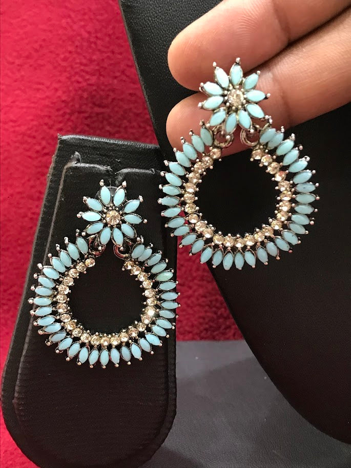 Elegant Sky Blue Colored With White Stone Design Oxidized Earrings