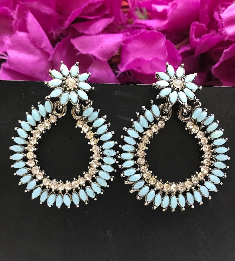 Elegant Sky Blue Colored With White Stone Design Oxidized Earrings Near Me