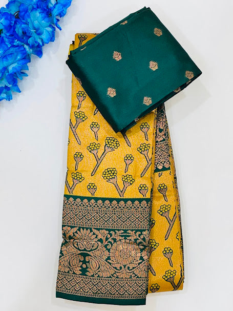 Attractive Mustard Yellow Kanchi Soft Silk With Contrast Pallu Saree For Women