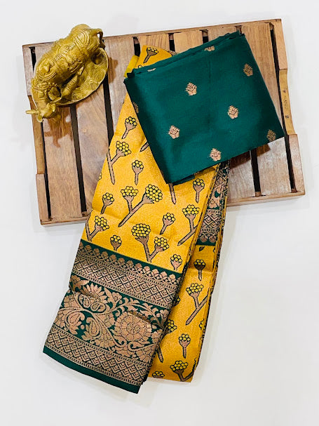 Attractive Mustart Yellow Color Pure Kanchi Silk Saree In Near Me