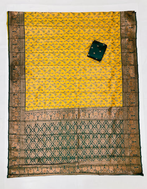 Mustart Yellow Color Saree With Contrast Rich Pallu In Yuma