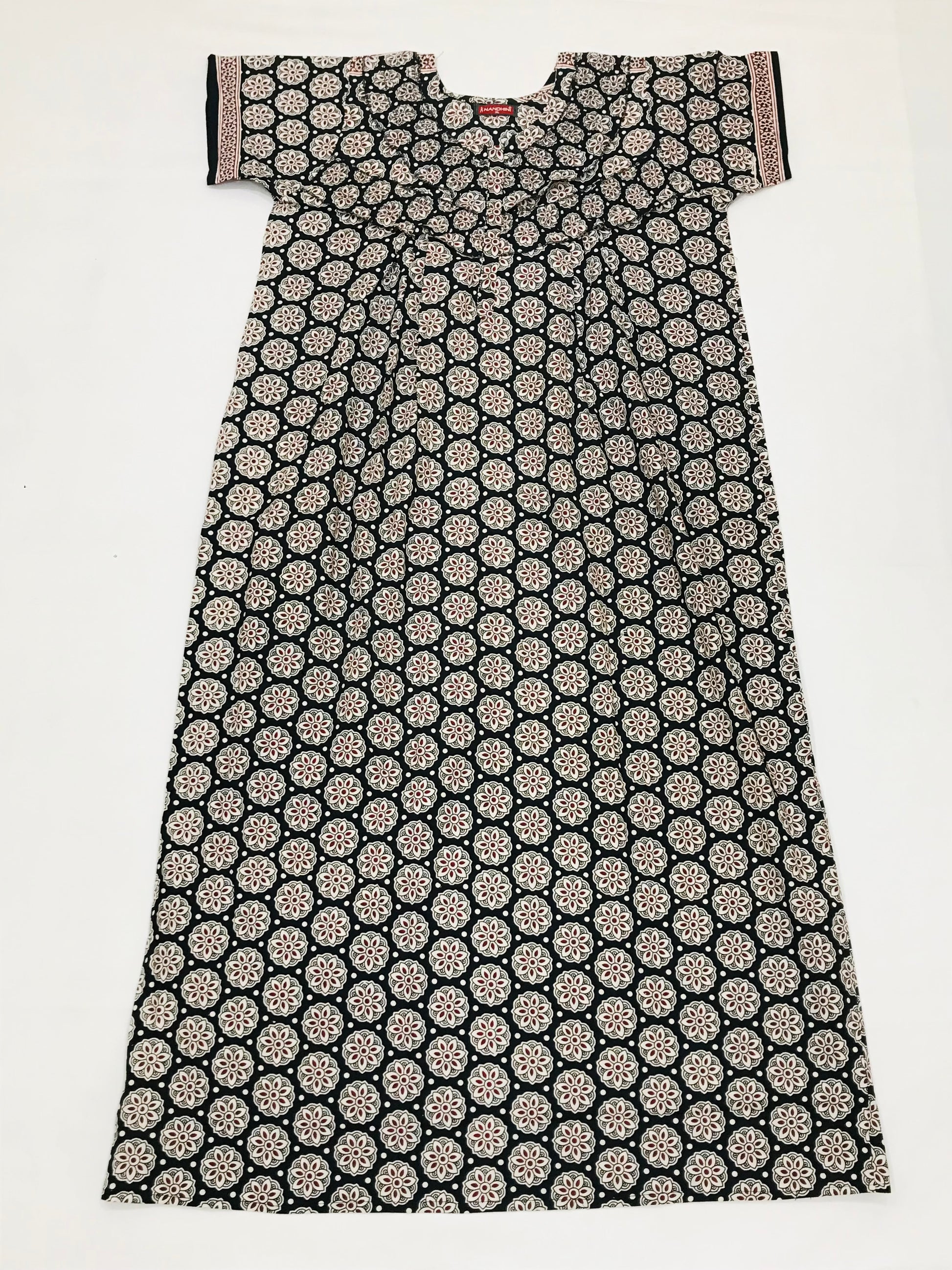 Restful Black Color Nighty With White Flower Design