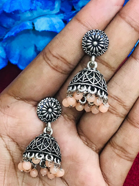Peach Colored Oxidized Jhumka Earrings In USA