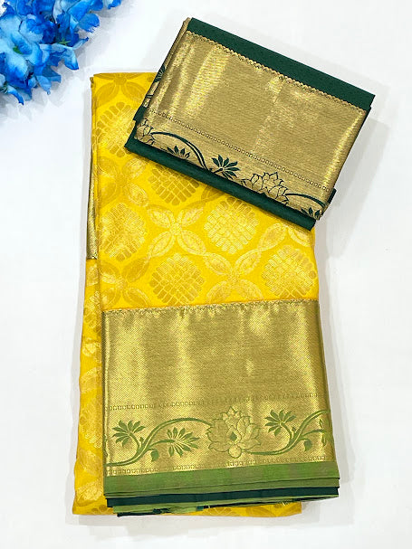 Elegant Yellow Color Pure Kanchi Silk Saree For Women - SILKMARK CERTIFIED