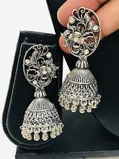 Oxidized Silver Colored Flower Design Jhumka for Women Near Me