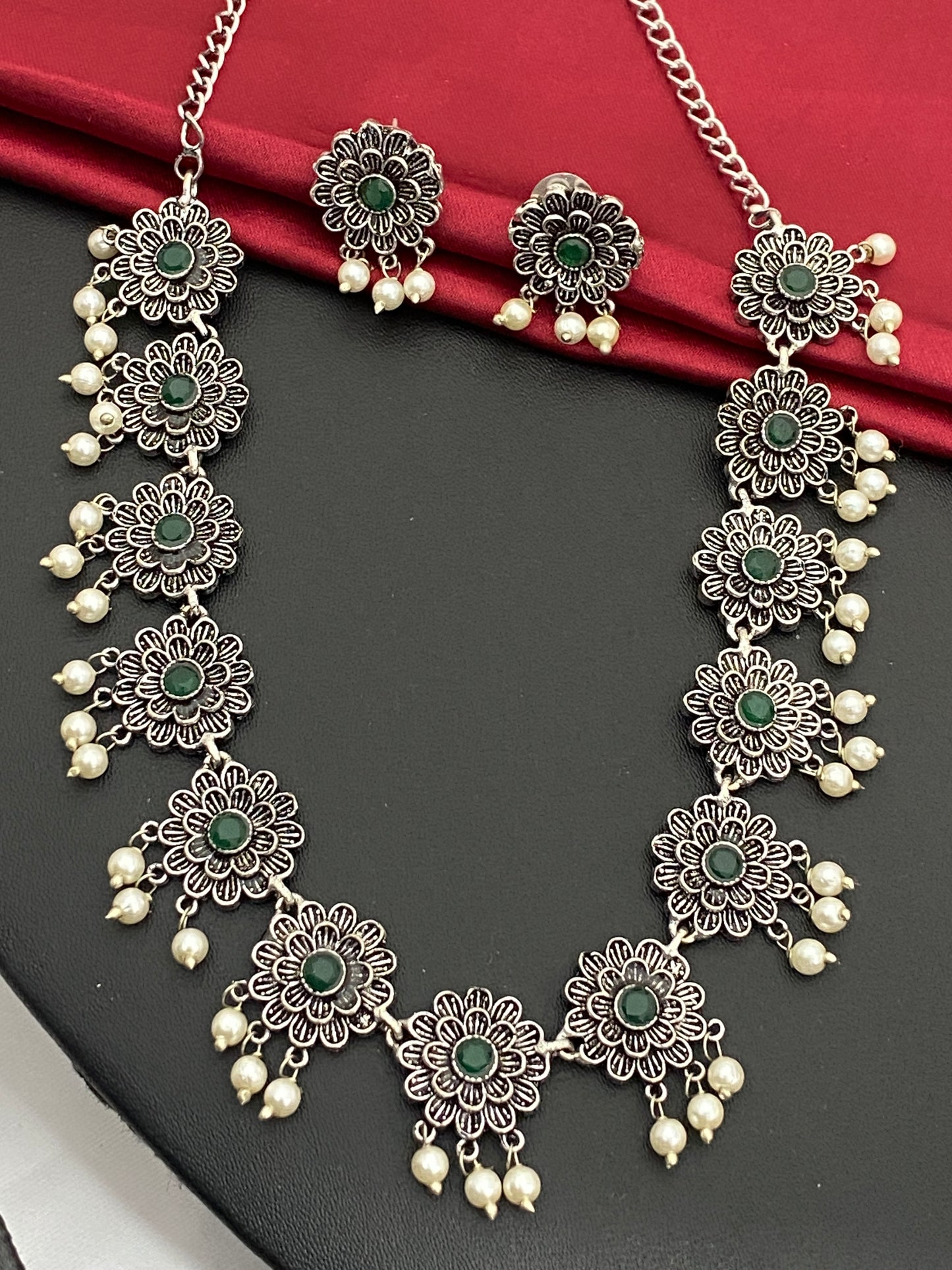 Gorgeous Oxidized Pearl German Silver Stone Studded Necklace Set
