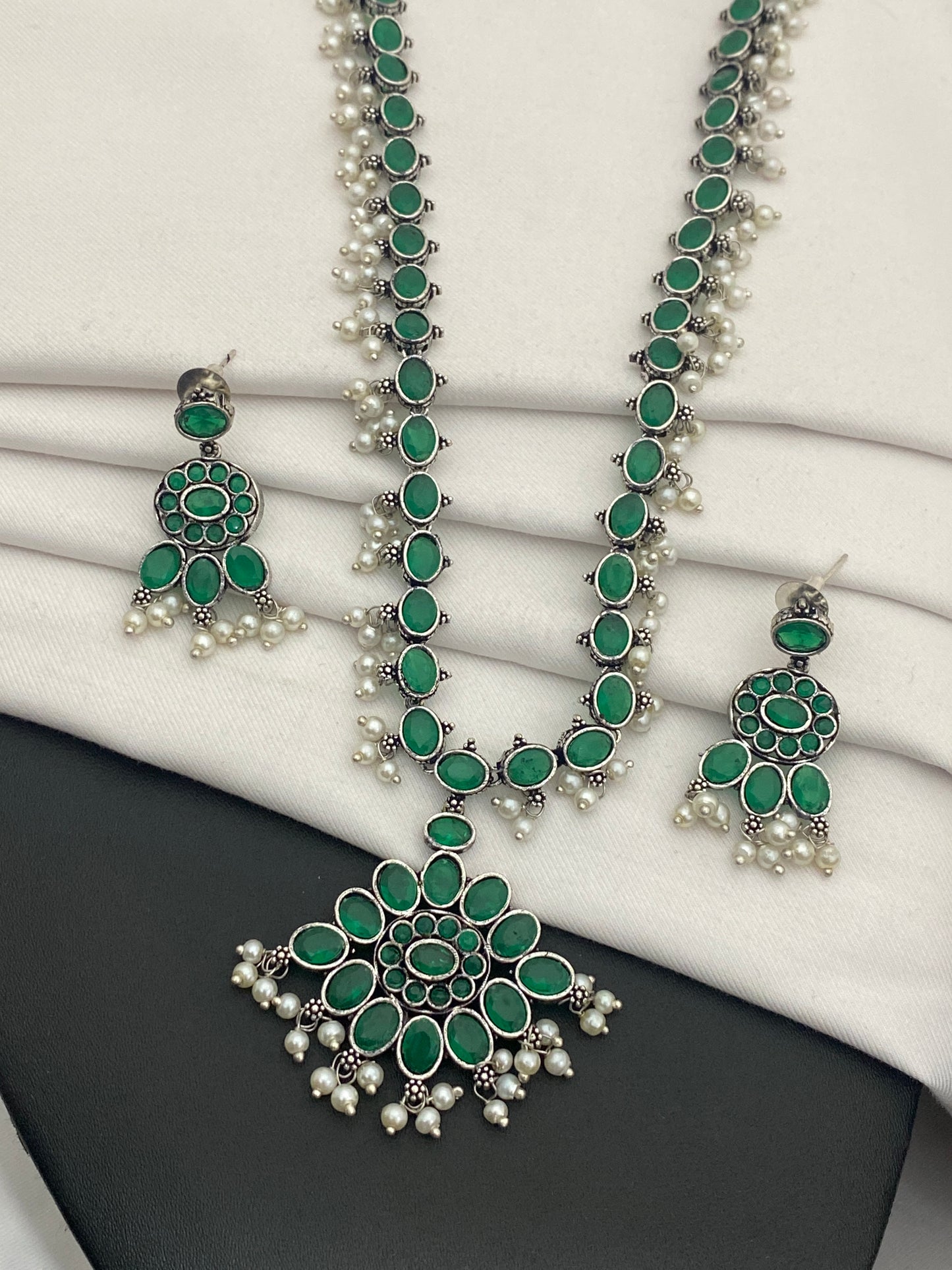 Emerald Stone Studded Ethnic Attigai German Silver Plated Oxidized Long Chain Near Me