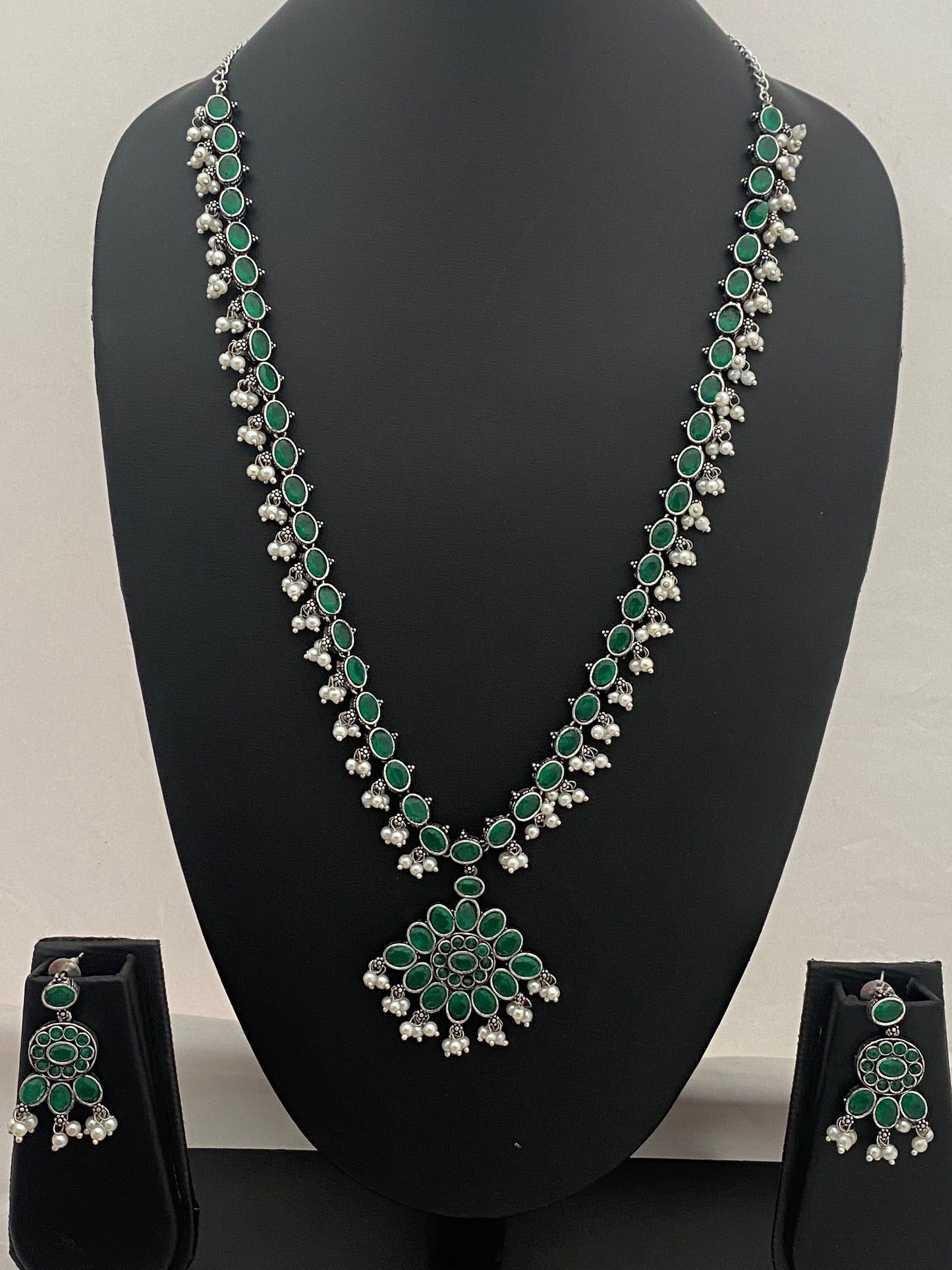Ethnic Attigai German Silver Plated Oxidized Long Chain With Earrings in Williams