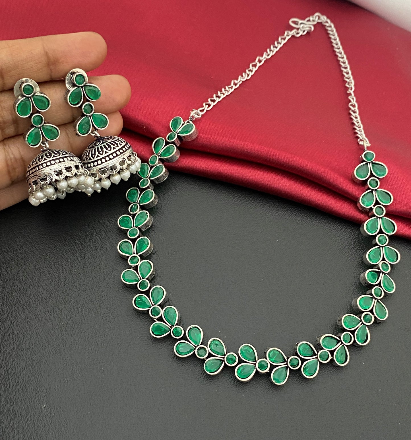 Traditional Oxidized German Silver Necklace With Earrings