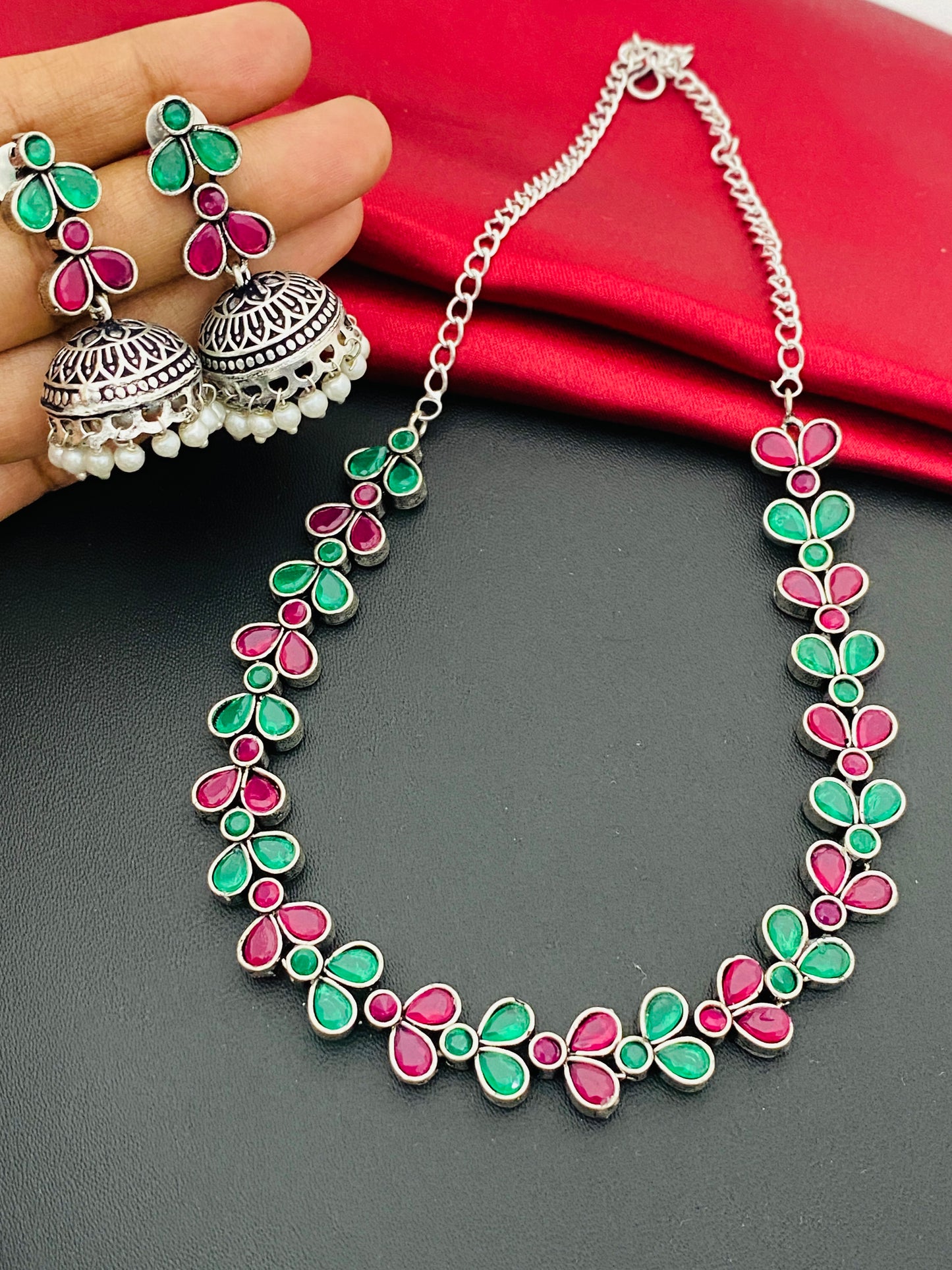 Multicolor Silver Oxidized Necklace With Jhumka Earrings In Douglas