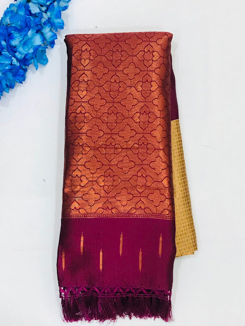 Attractive Gold Colored Soft Silk With Contrast Border Saree For Women
