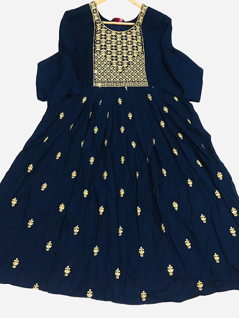 Attractive Blue Color Rayon Embroidery Work Kurti For Women