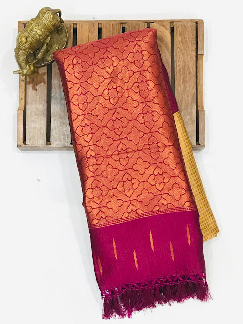 Attractive Gold Colored Soft Silk With Contrast Border Saree In Near Me