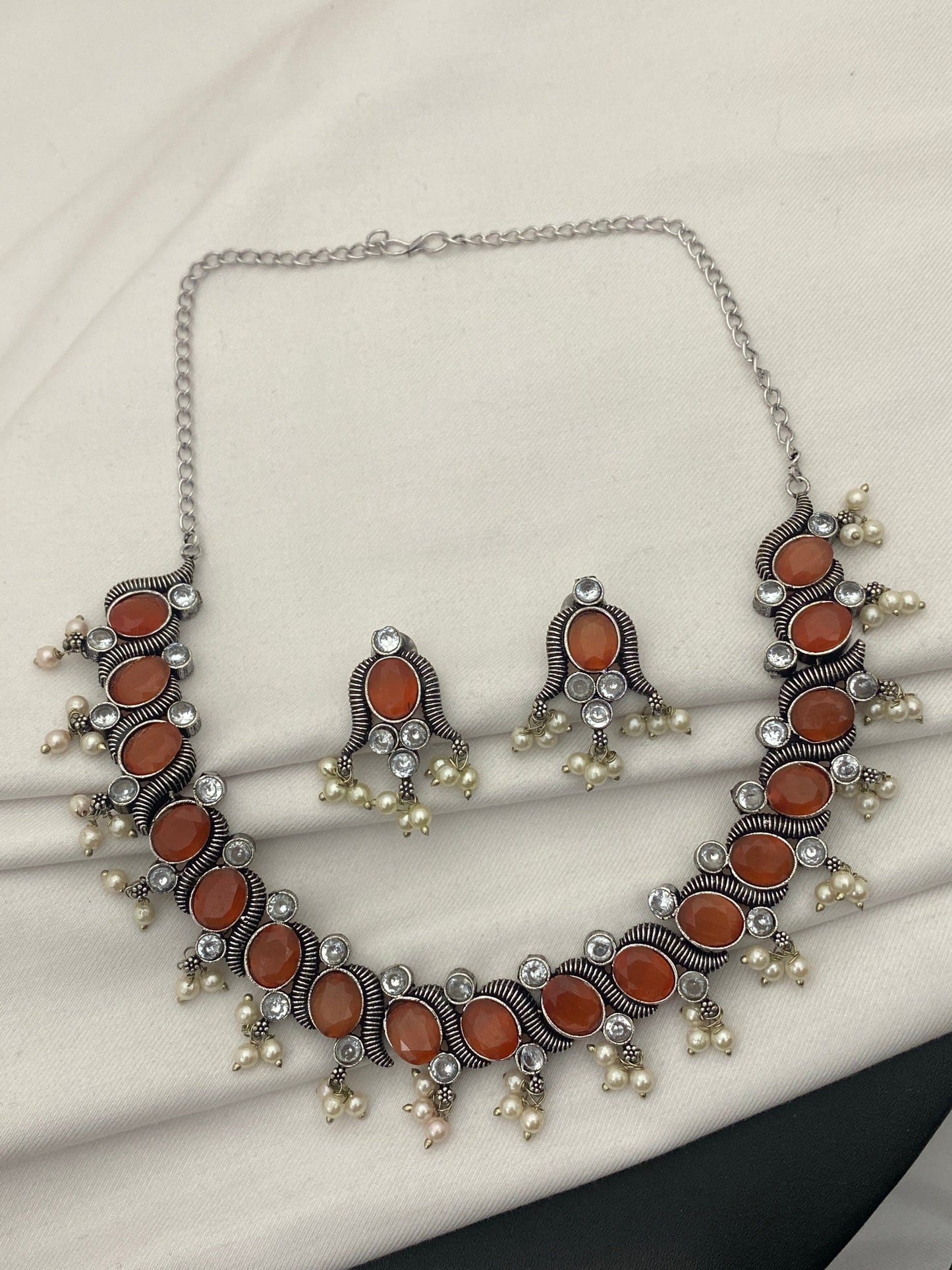 Attractive Orange Color Silver Plated Oxidized Necklace Sets Near Me
