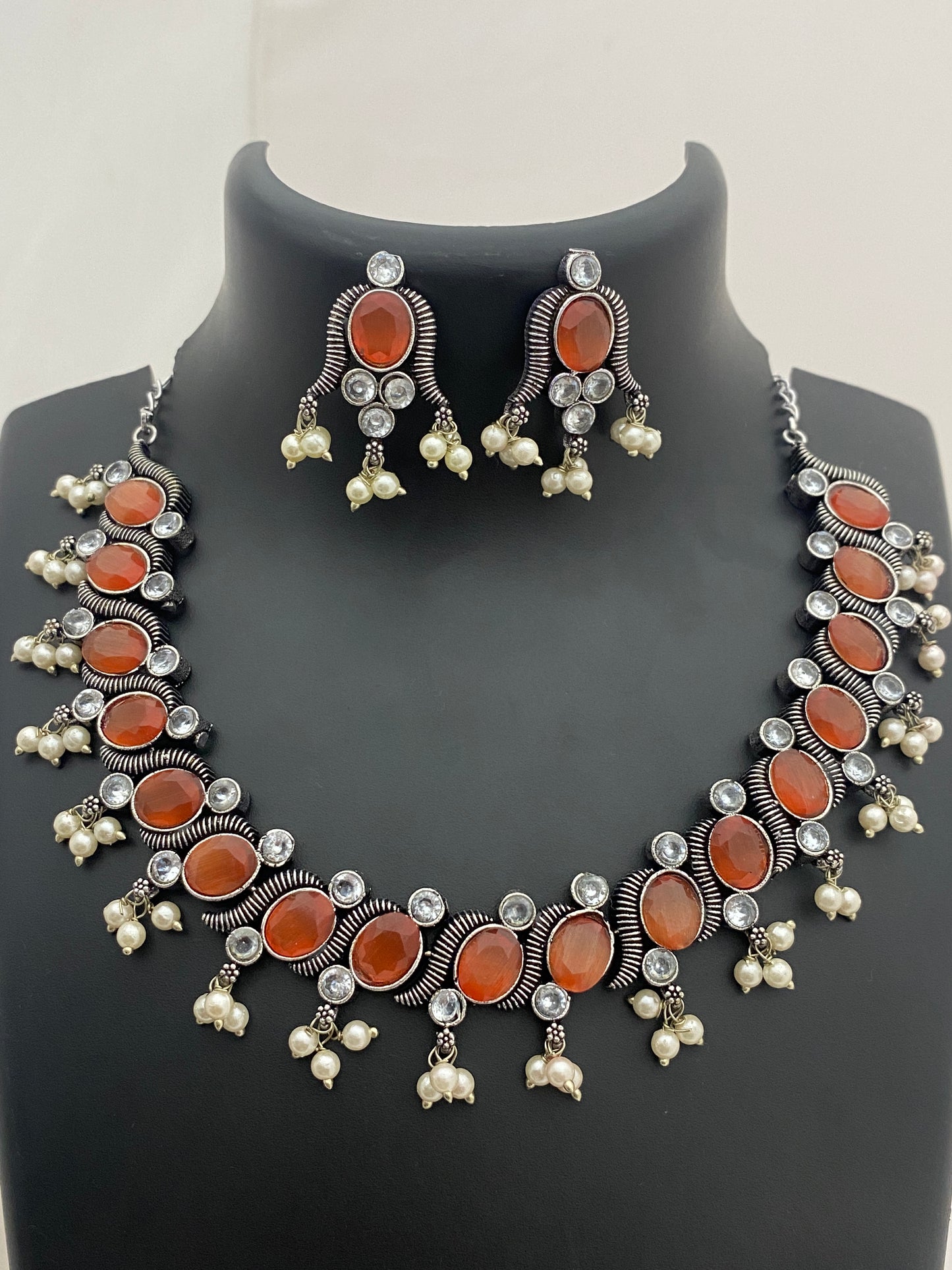 Attractive Orange Color Silver Plated Oxidized Necklace With Earrings