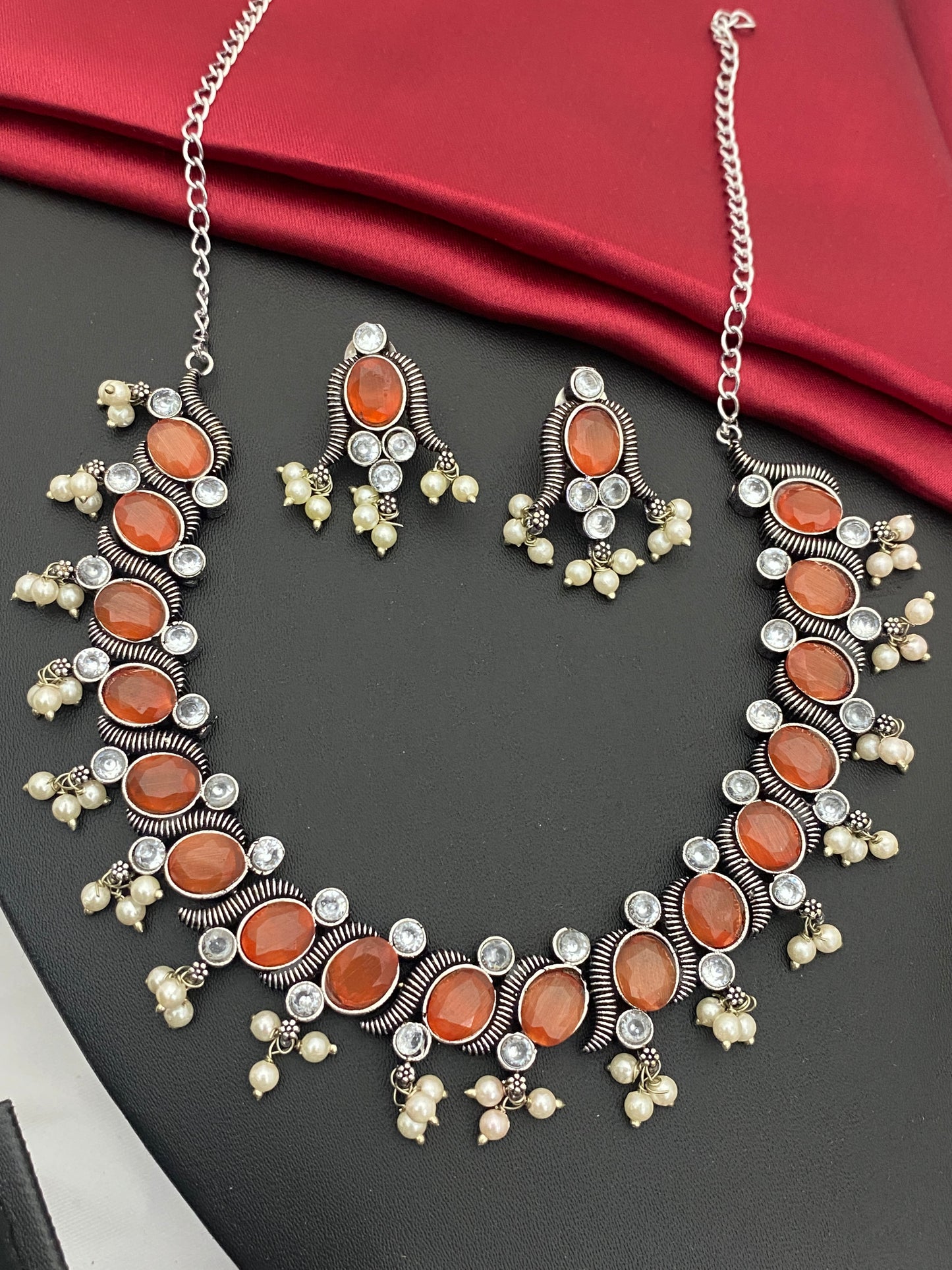 Silver Plated Oxidized Necklace With Earrings In USA