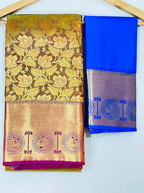 Elegant Mehndi Green Color Art Silk Saree With Blue Blouse In USA