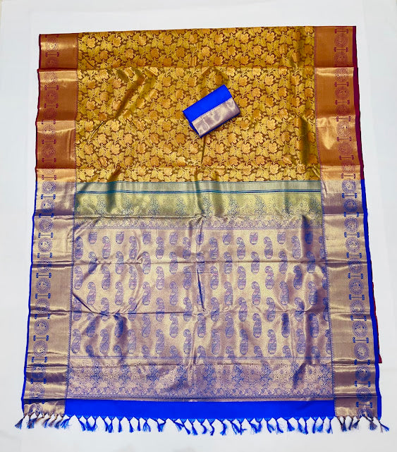 Mehndi Green Color Floral Motifs Art Silk Saree With Blue Blouse In Tempe