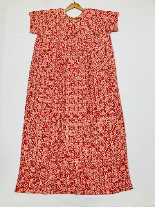 Charming Red Color Flower Designed Cotton Nighty For Women Near Me