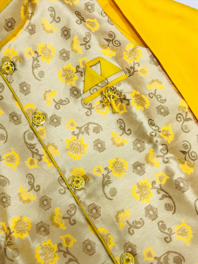 Graceful Yellow Ethnic Kids Dhoti Kurta With Jacket & Pajama Pants In Suncity