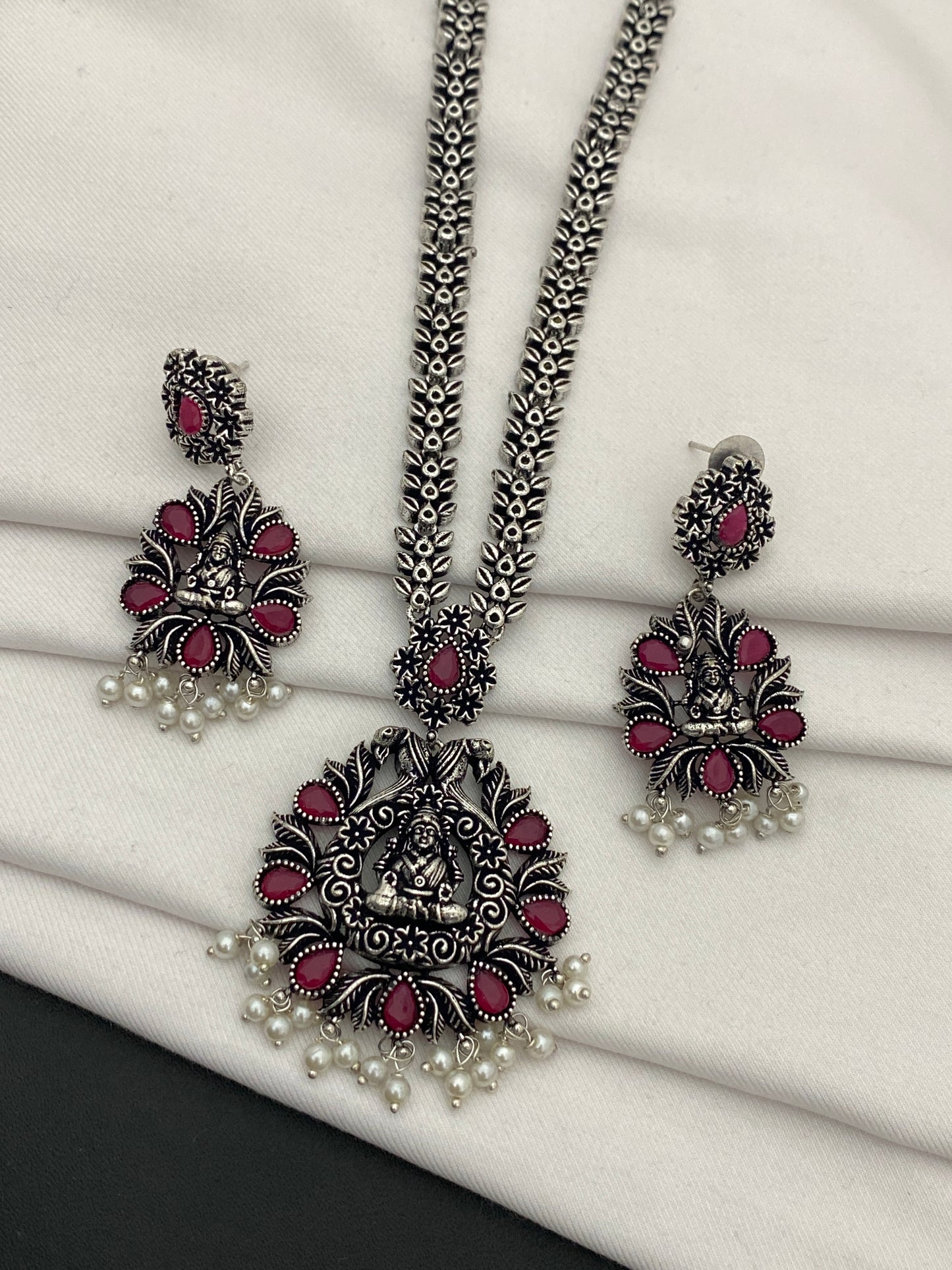 Lakshmi Pendant Oxidized Necklace With Earrings