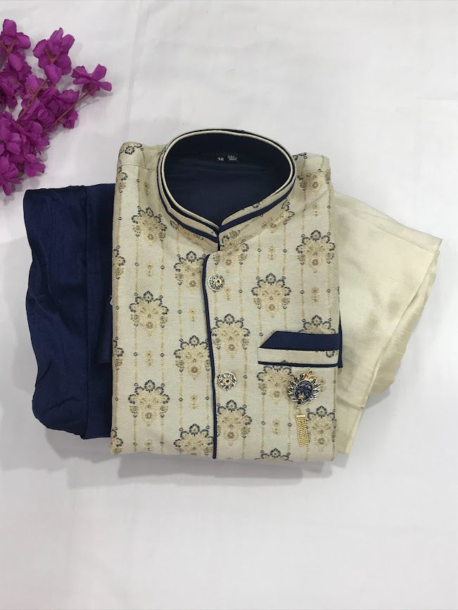 Charming Festive Kurta Dhoti & Printed Nehru Jacket Set Dark Blue And White Near Me