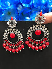 Charming Red Colored Oxidized Stone And Beads Worked Unique Designed Earrings Near Me