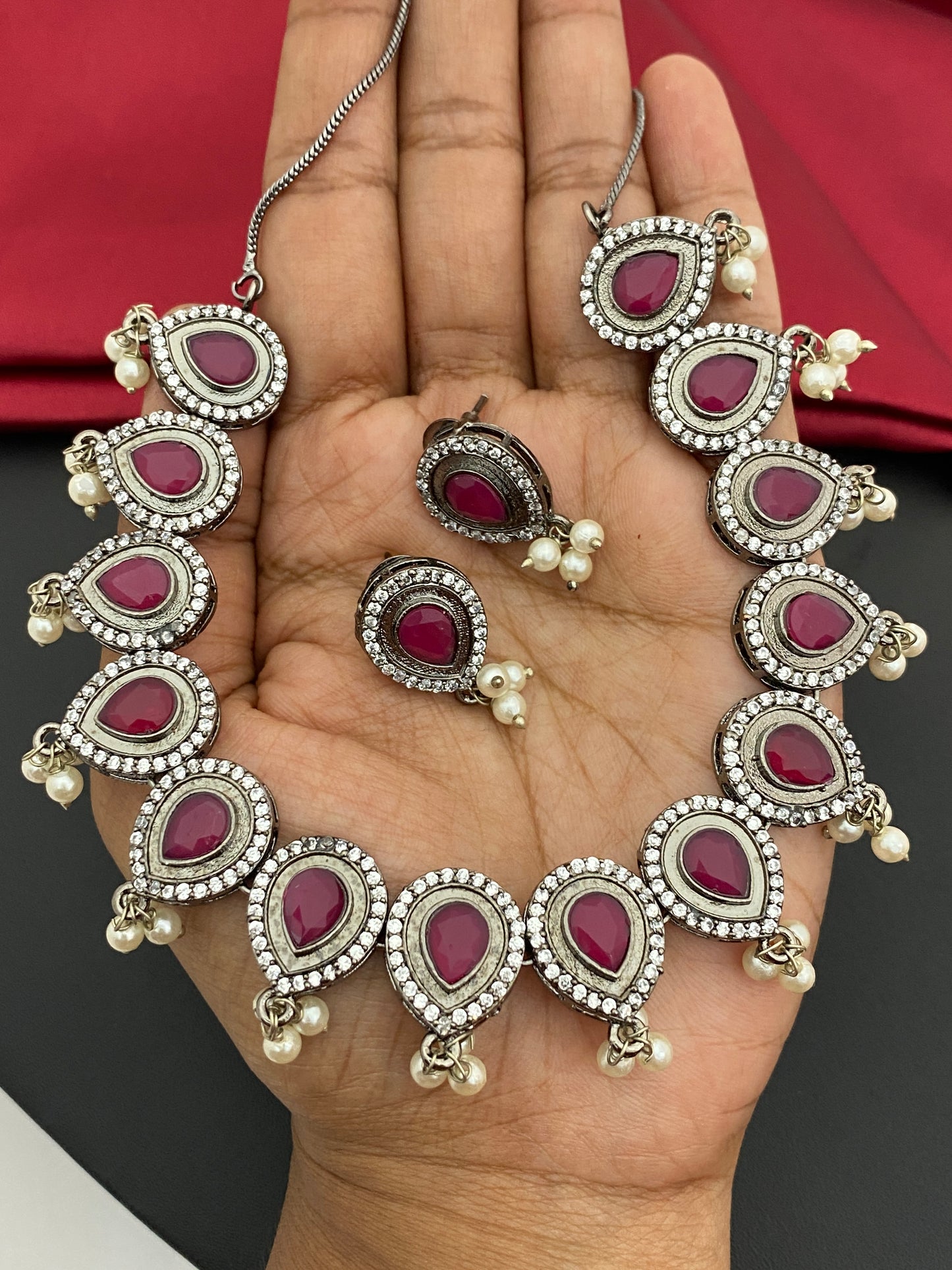 Ruby Stone Pearl Beaded Oxidized Silver Necklace Near me