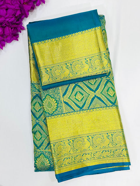 Charming Peacock Green Color peacock Design Art Silk Saree With Blue Blouse For Women - SILKMARK CERTIFIED
