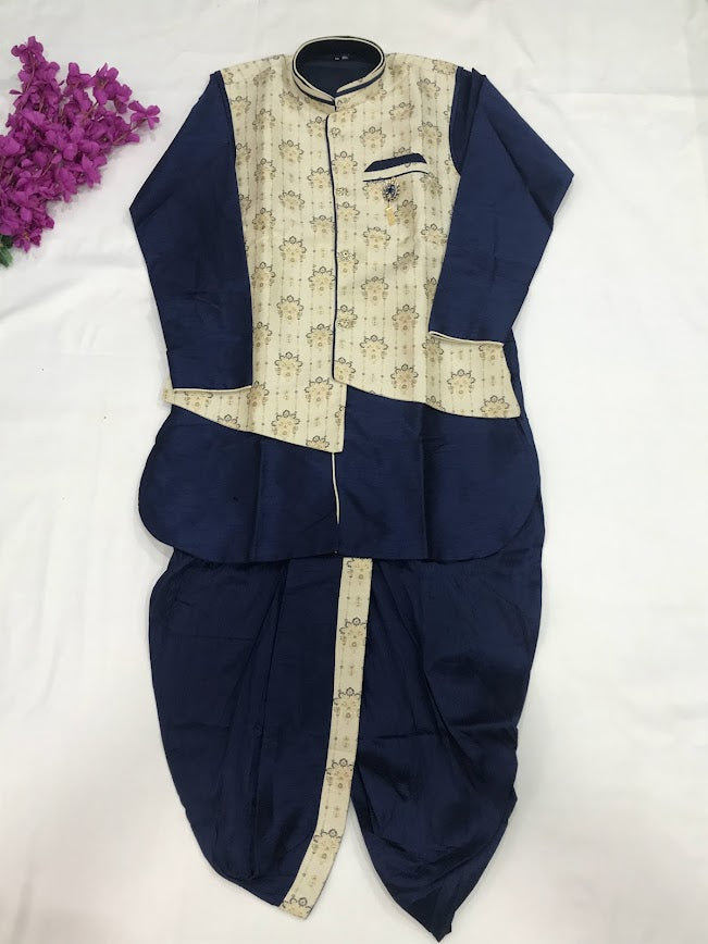 Charming Festive Kurta Dhoti & Printed Nehru Jacket Set Dark Blue And White
