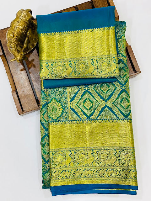 Charming Peacock Green Color peacock Design Art Silk Saree With Blue Blouse In Near Me