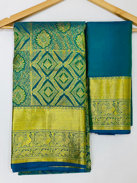 Peacock Green Color peacock Design Art Silk Saree With Blue Blouse In USA