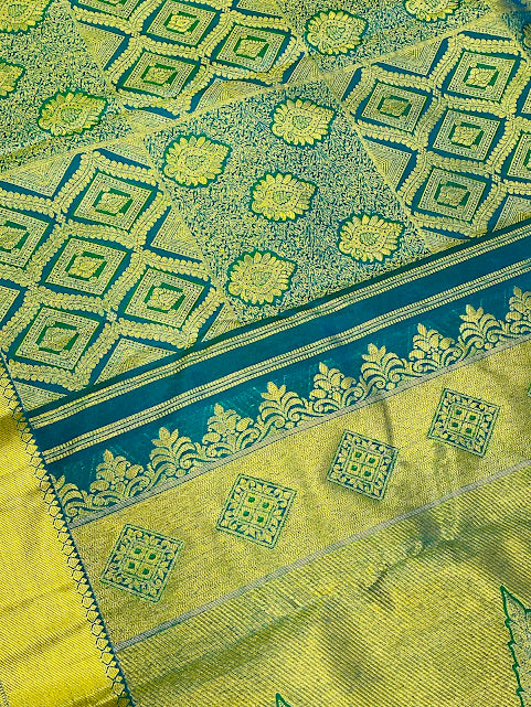 Charming Peacock Green Color peacock Design Art Silk Saree With Blue Blouse For Women - SILKMARK CERTIFIED