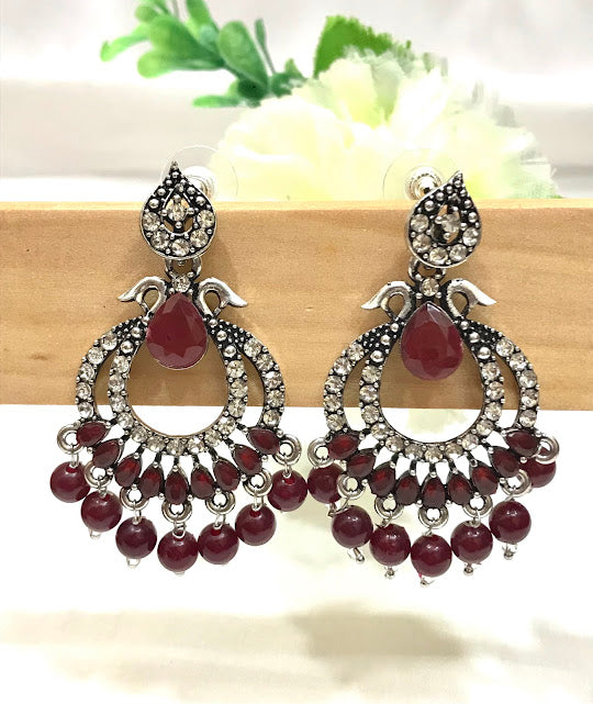 Maroon Color Oxidized Beads Worked Earrings In Suncity